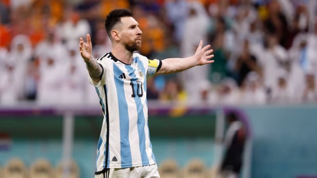 Dec 9, 2022; Lusail City, QATAR; Argentina forward Lionel Messi (10) celebrates scoring on a penalty kick shootout against the Netherlands in the quarterfinals of the 2022 FIFA World Cup at Lusail Stadium.